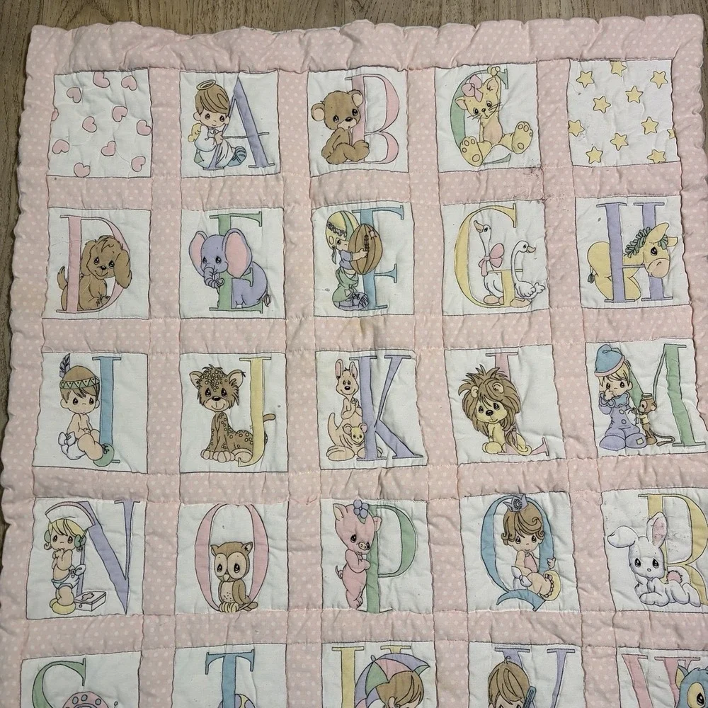 Vintage Precious Moments Alphabet ABC PinkCrib Blanket Quilt Homemade 41